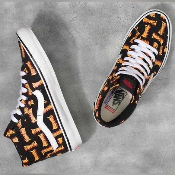Vans Thrasher Skate Sk8 Hi Men Logo Flame Black new Popcush Pro 092025 - Picture 2 of 8